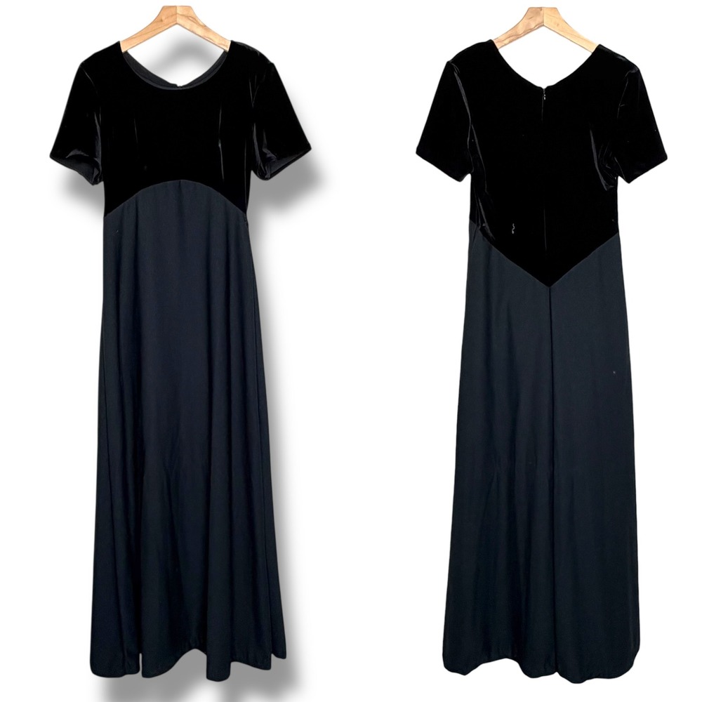 Vintage Y2K Southeastern Black Velvet Bodice Maxi Dress Short Sleeve 8 Tall